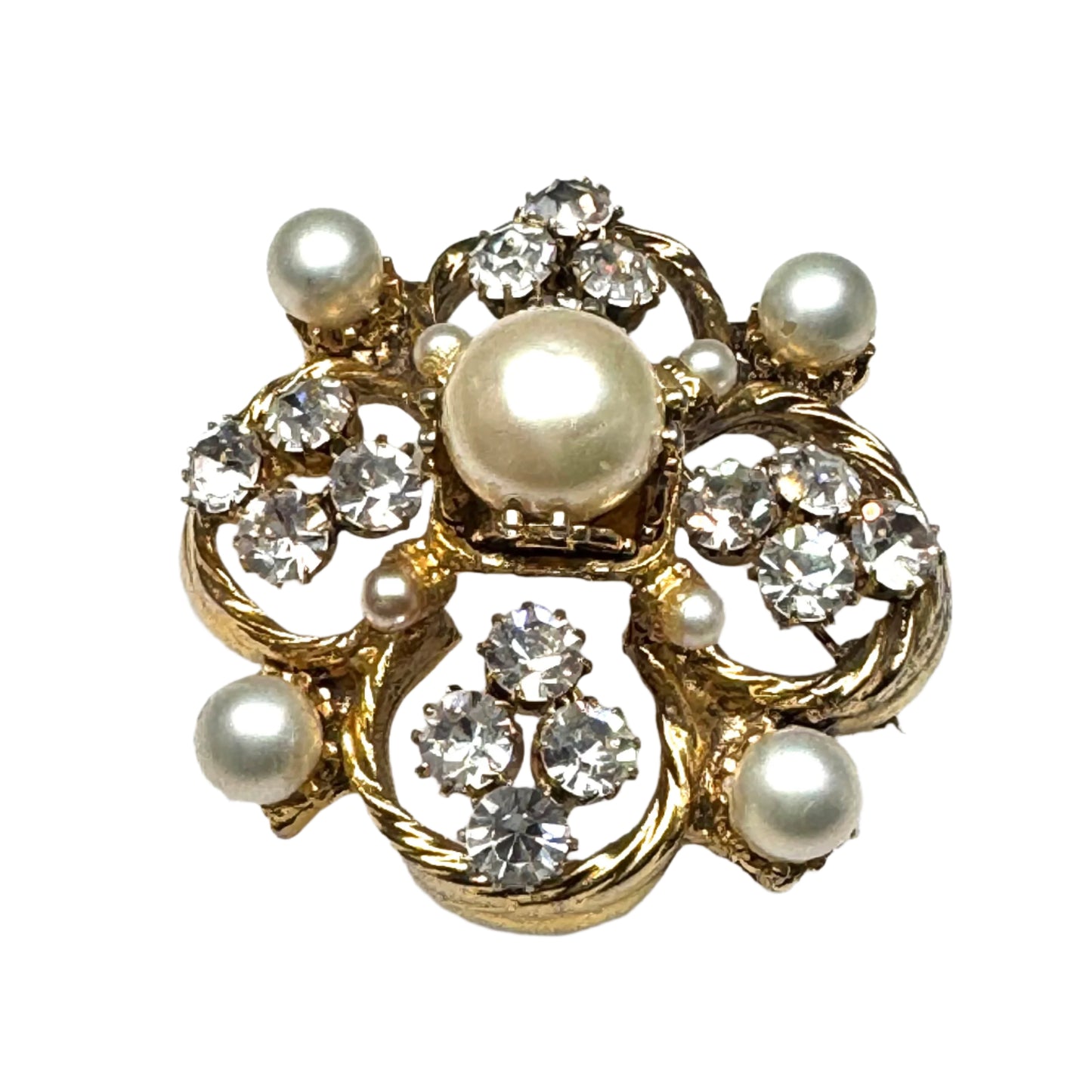 Chanel 1950's Renaissance Quatrefoil Brooch by Robert Goossens with Austrian Crystals and Imitation Pearls Signed 'CHANEL' (5.6cm x 5.6cm)