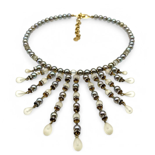 Christian Dior Frosted Glass and Faux Pearl Fringed Bib Necklace