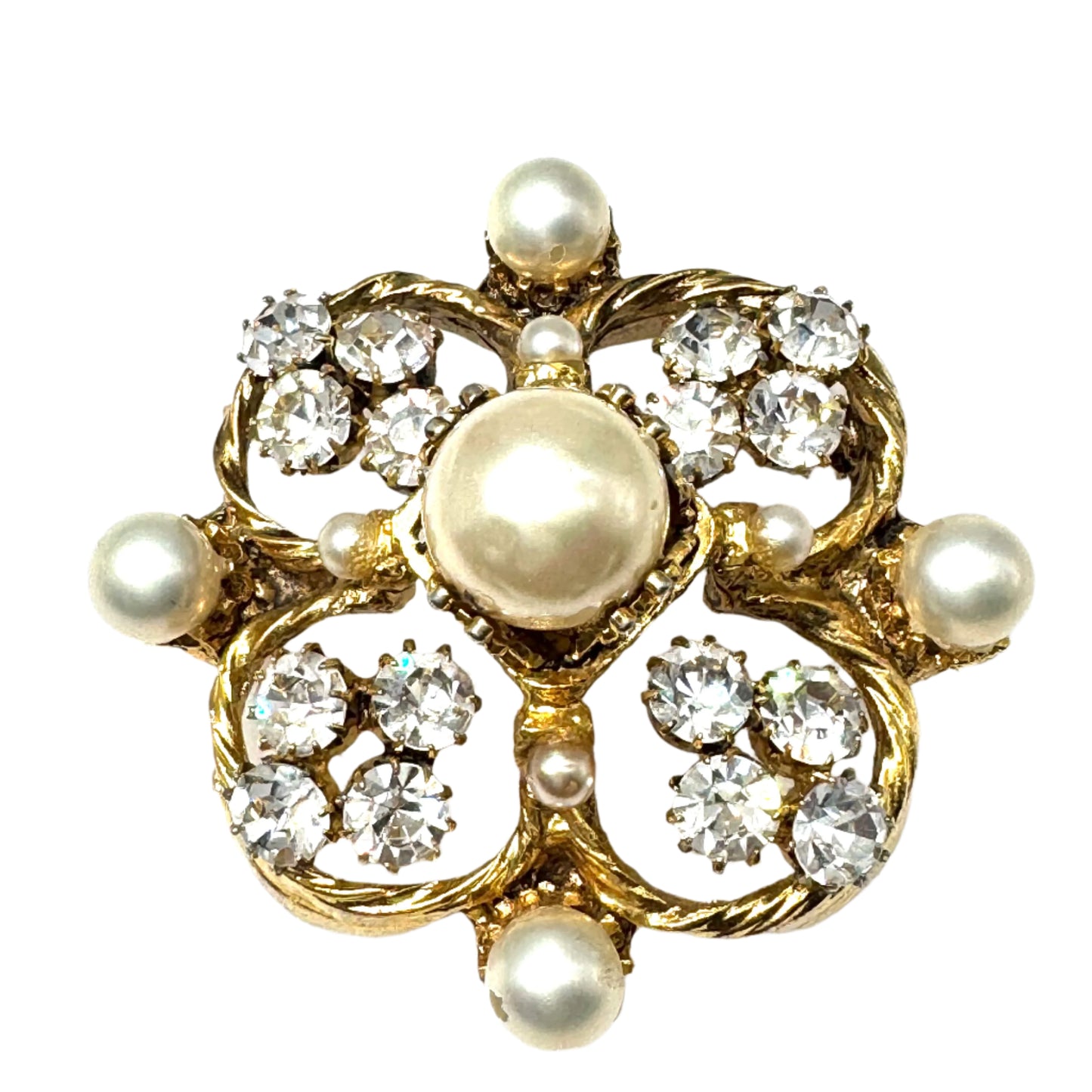 Chanel 1950's Renaissance Quatrefoil Brooch by Robert Goossens with Austrian Crystals and Imitation Pearls Signed 'CHANEL' (5.6cm x 5.6cm)