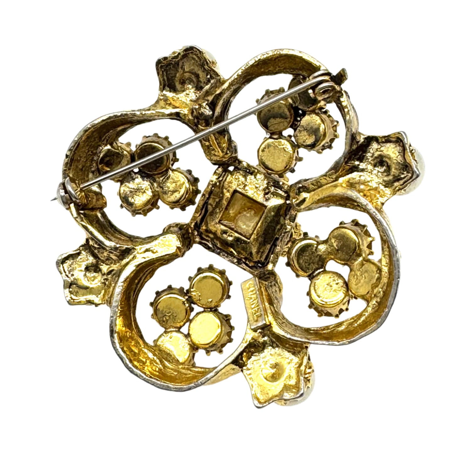 Chanel 1950's Renaissance Quatrefoil Brooch by Robert Goossens with Austrian Crystals and Imitation Pearls Signed 'CHANEL' (5.6cm x 5.6cm)