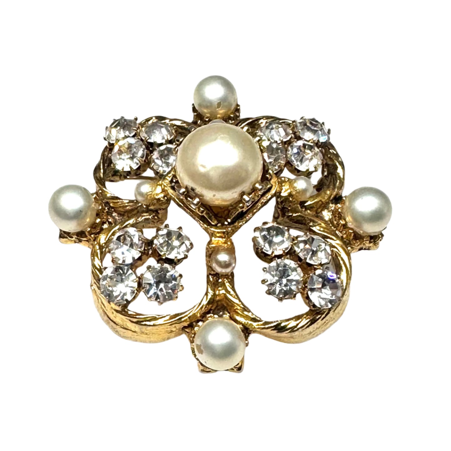 Chanel 1950's Renaissance Quatrefoil Brooch by Robert Goossens with Austrian Crystals and Imitation Pearls Signed 'CHANEL' (5.6cm x 5.6cm)