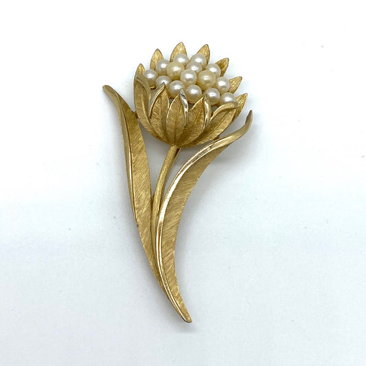 Crown Trifari Pearl Flower Textured Gold Plated Brooch 1960's