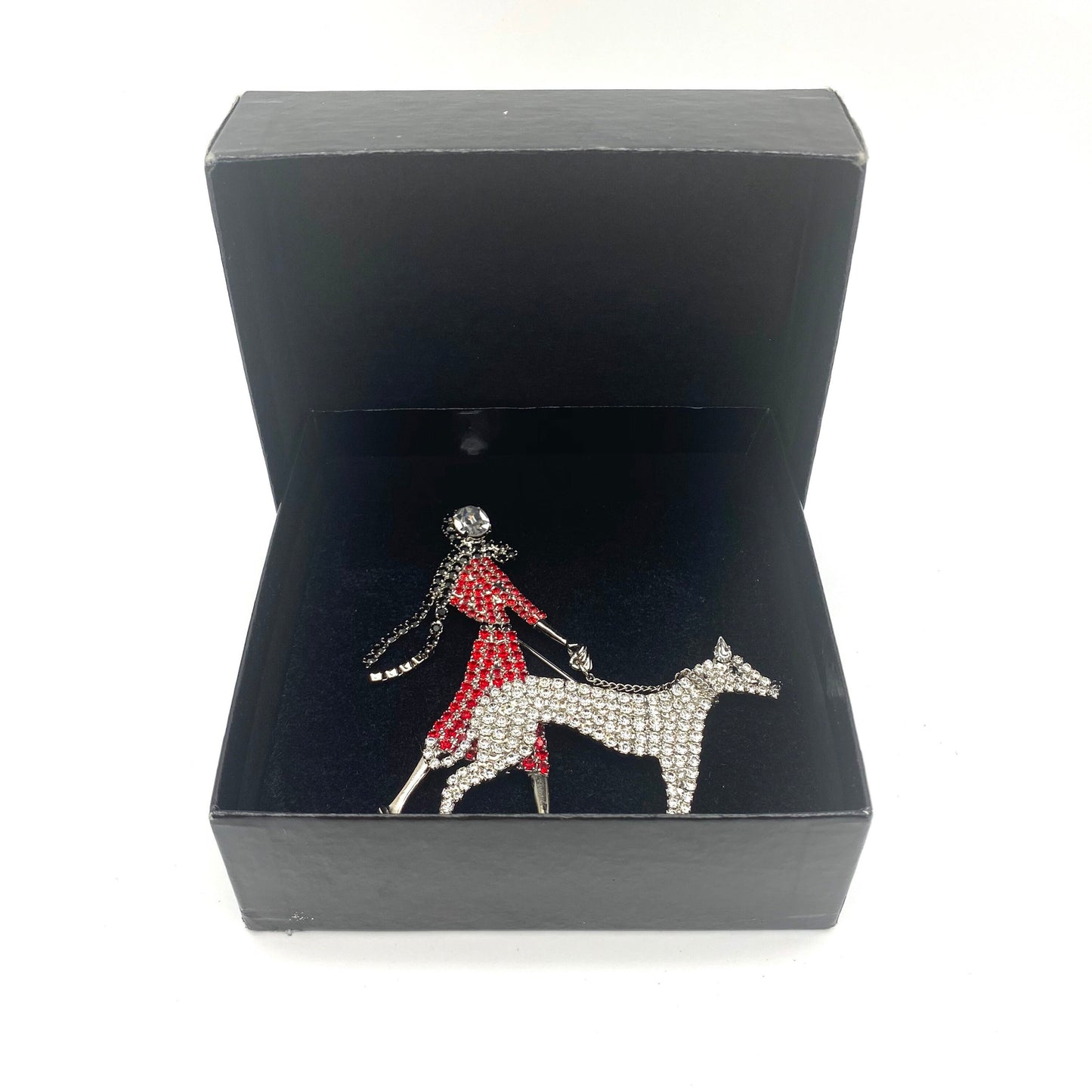 VERY RARE 1980's Butler and Wilson Lady Walking Dog Brooch in Original Box