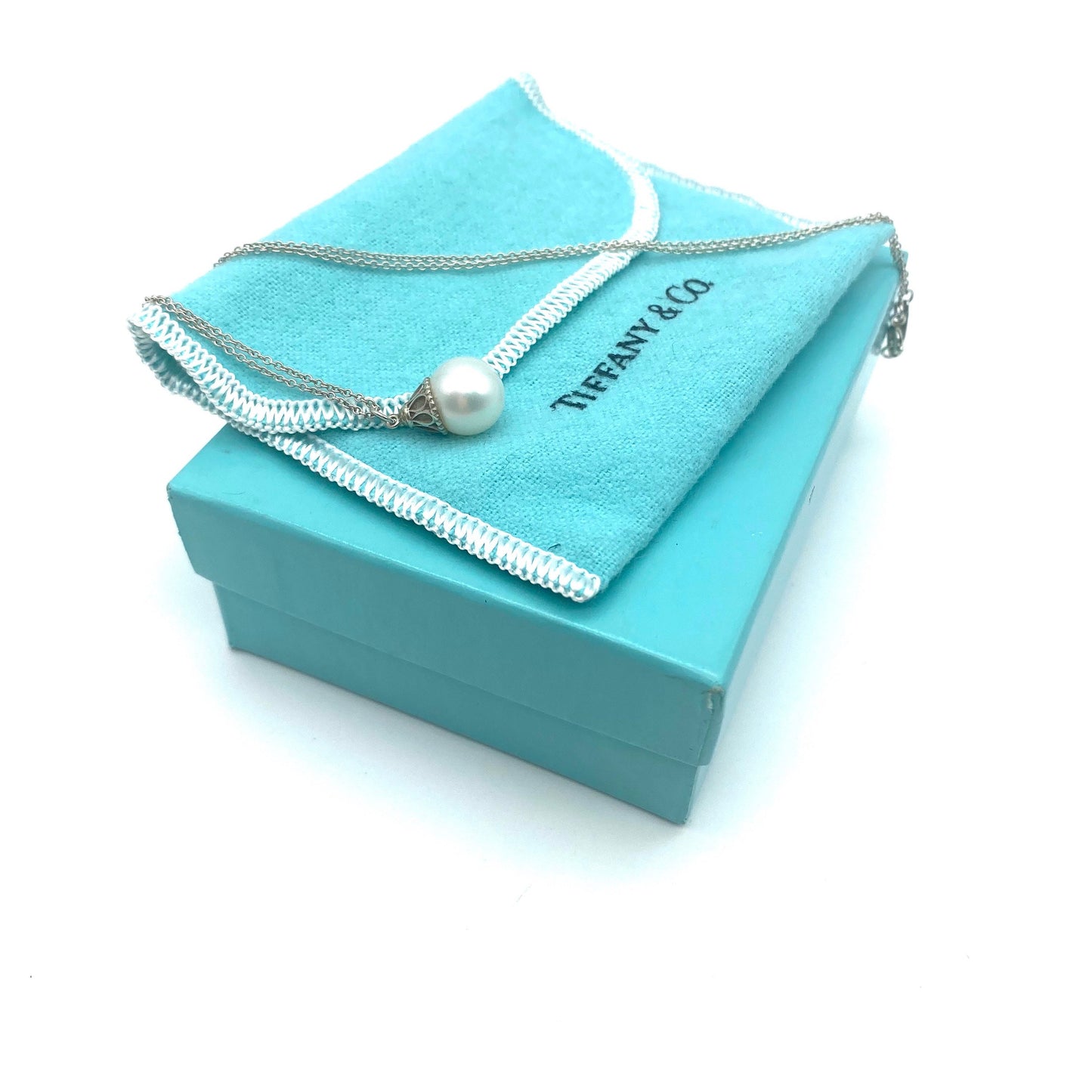 Tiffany and Co Ziegfeld Single Freshwater Pearl Necklace in Original Pouch and Original Iconic Box