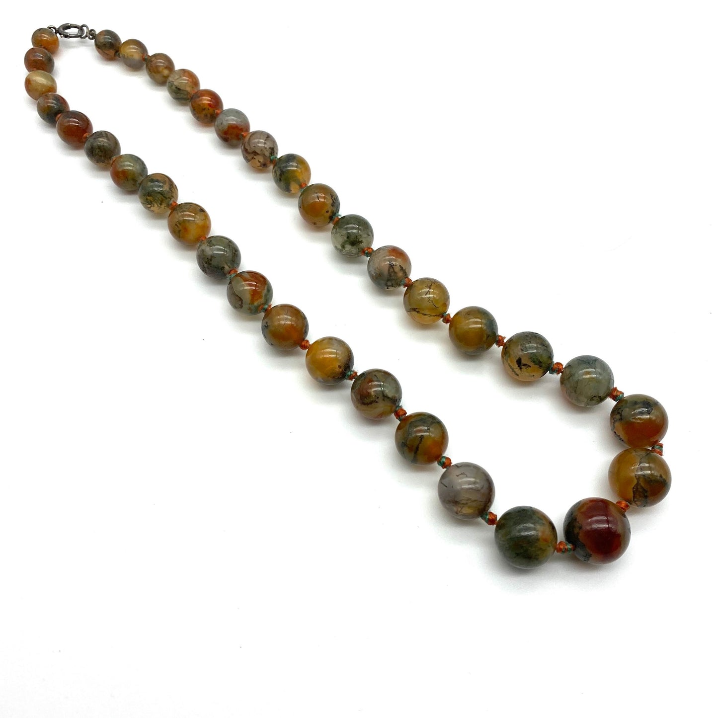 Moss Agate 1940's Graduated Hand Knotted Necklace 46cm