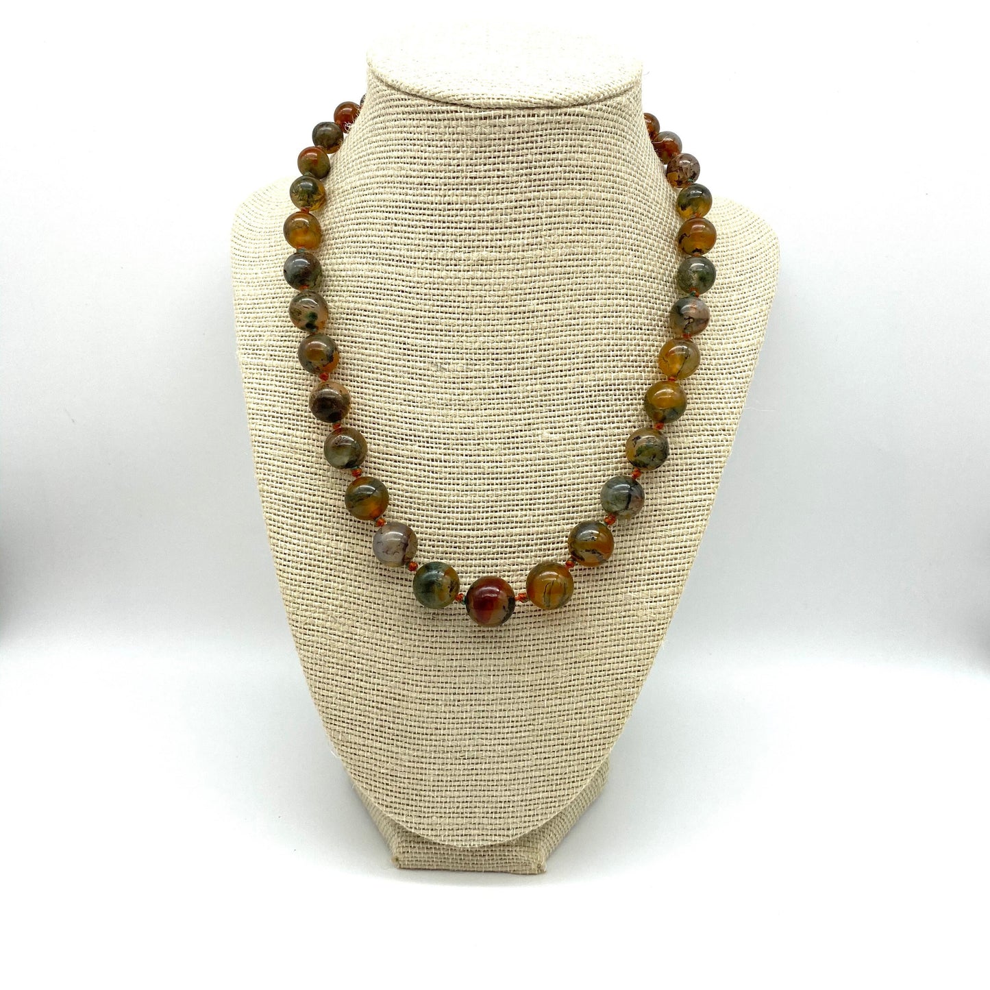 Moss Agate 1940's Graduated Hand Knotted Necklace 46cm