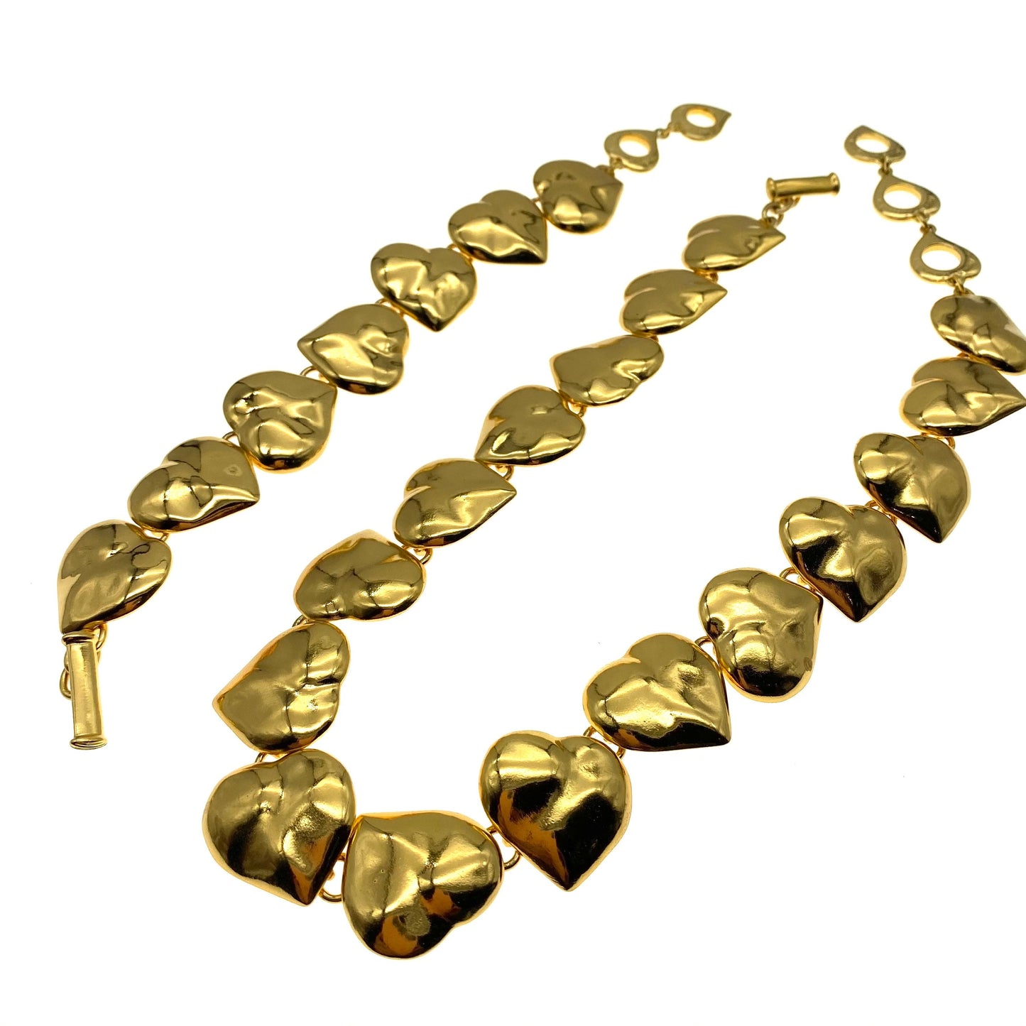 Yves Saint Laurent Robert Goossens Solid Heart Necklace and Bracelet Set each with Open Heart Extenders