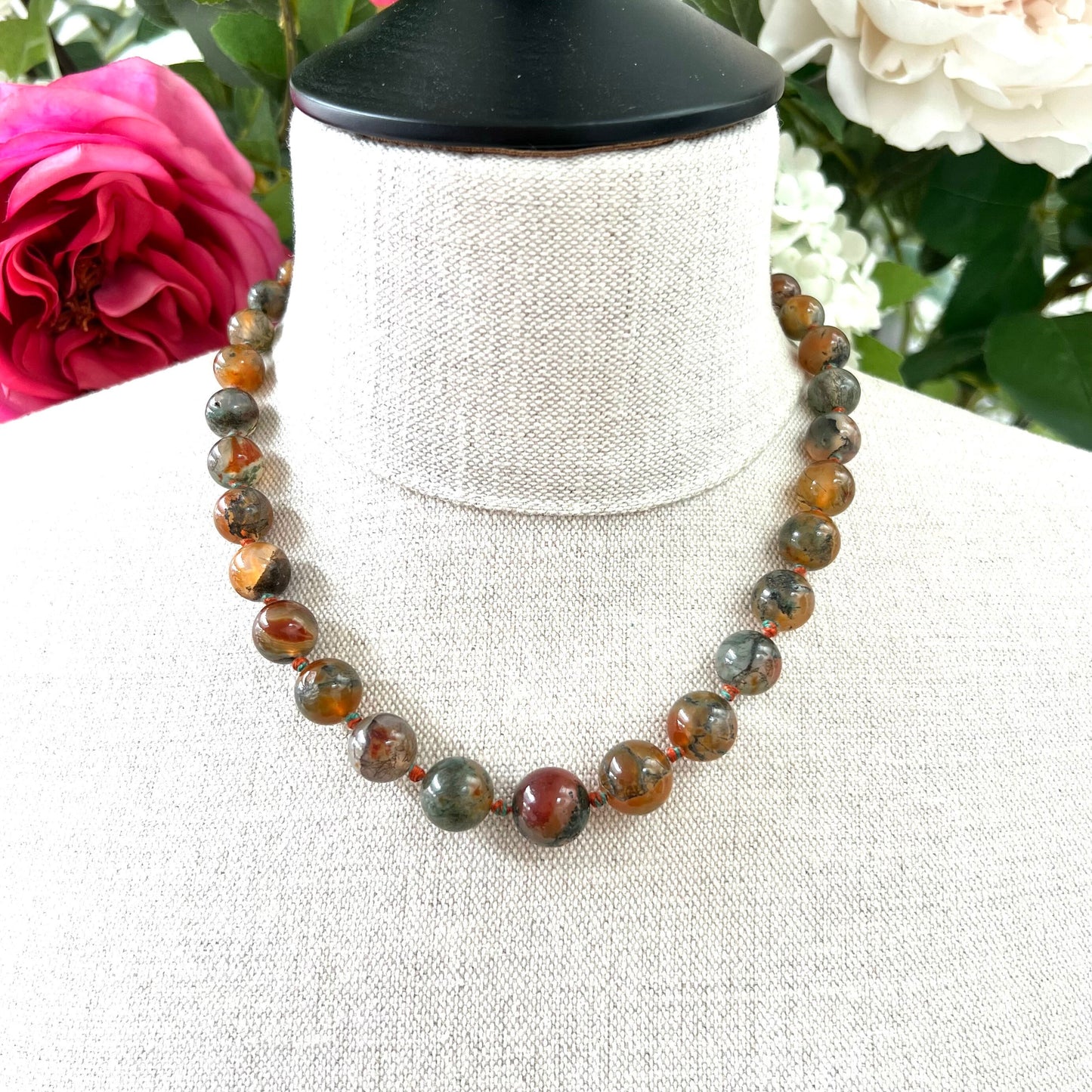 Moss Agate 1940's Graduated Hand Knotted Necklace 46cm