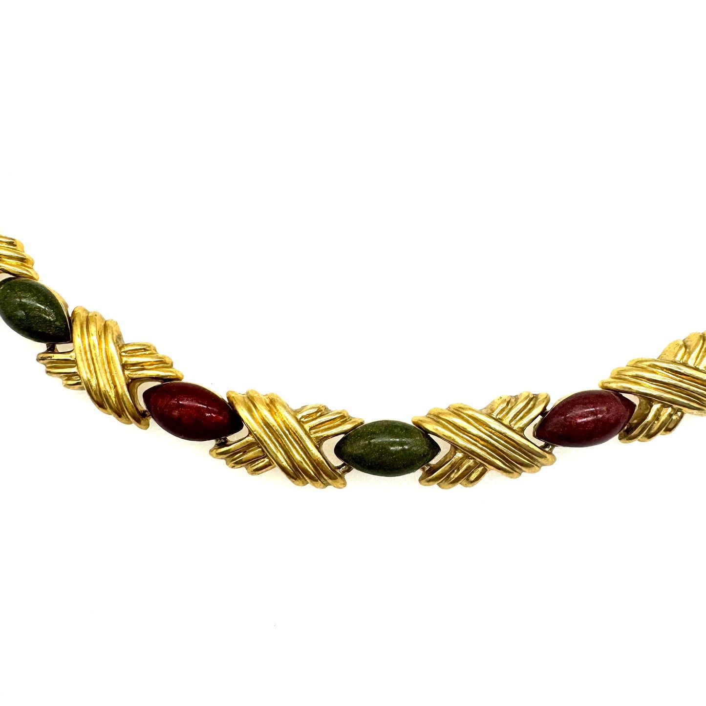 Unsigned Ribbed Criss Cross Red and Green Enamel Necklace with Extender