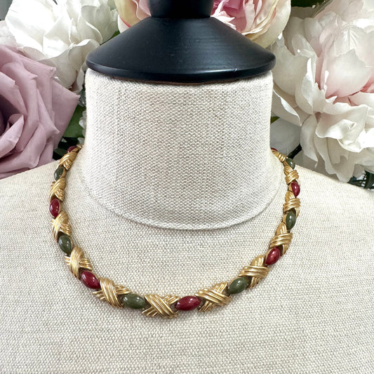 Unsigned Ribbed Criss Cross Red and Green Enamel Necklace with Extender