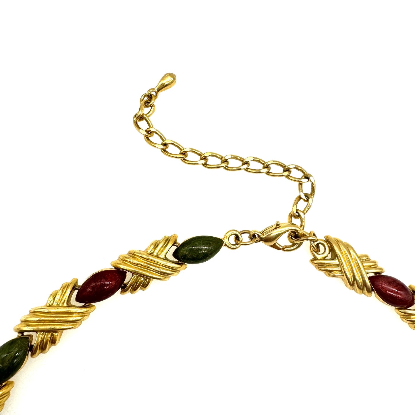 Unsigned Ribbed Criss Cross Red and Green Enamel Necklace with Extender