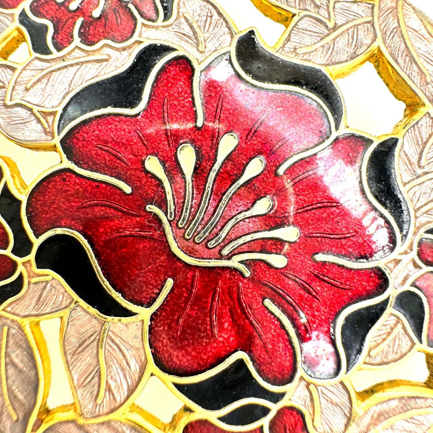 Fish and Crown, Fish Fine Enamels (Fish Enterprises Ltd) Red Floral Cloisonne Brooch