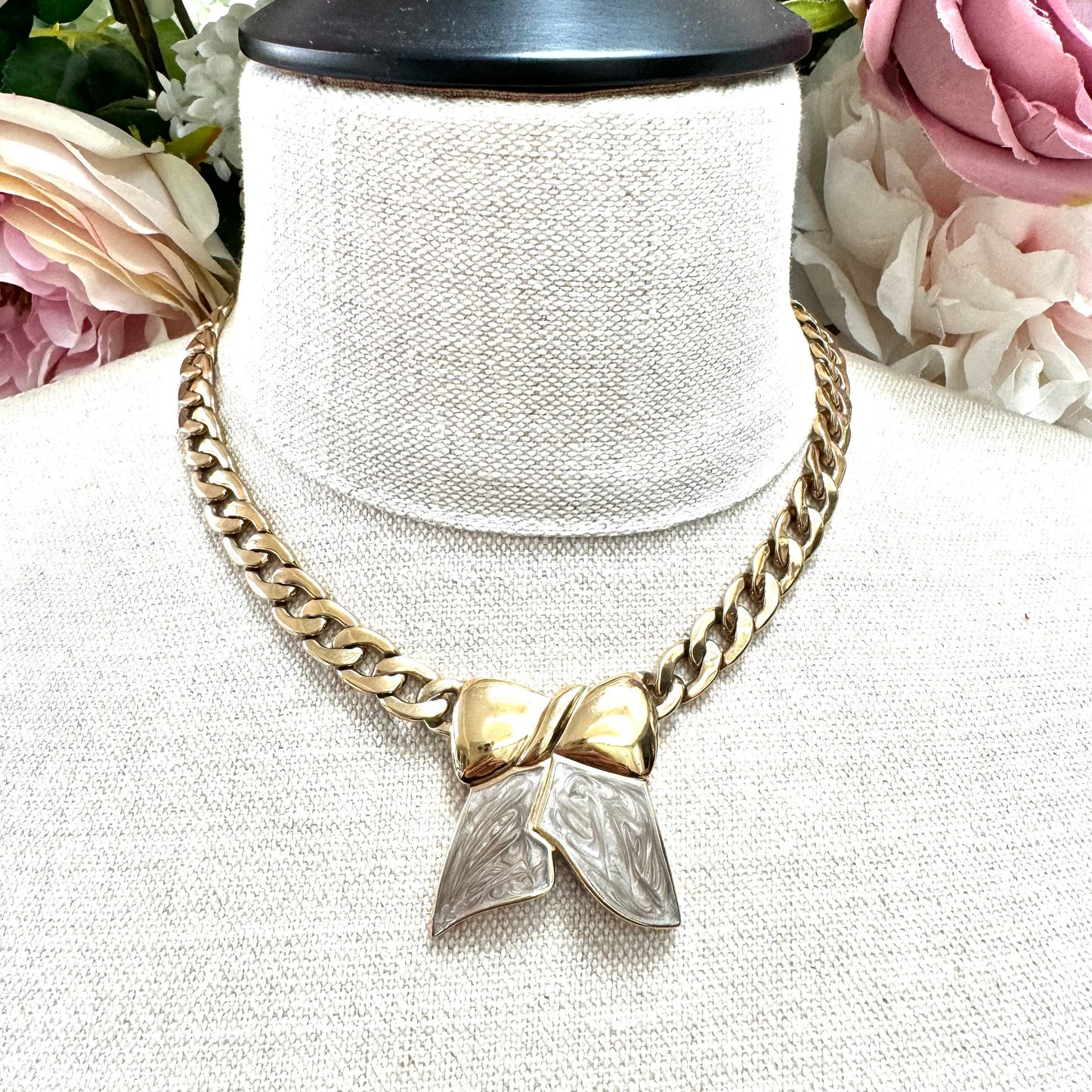 Jacques Vert Enamel and Gold Plated Bow Integral Pendant Necklace