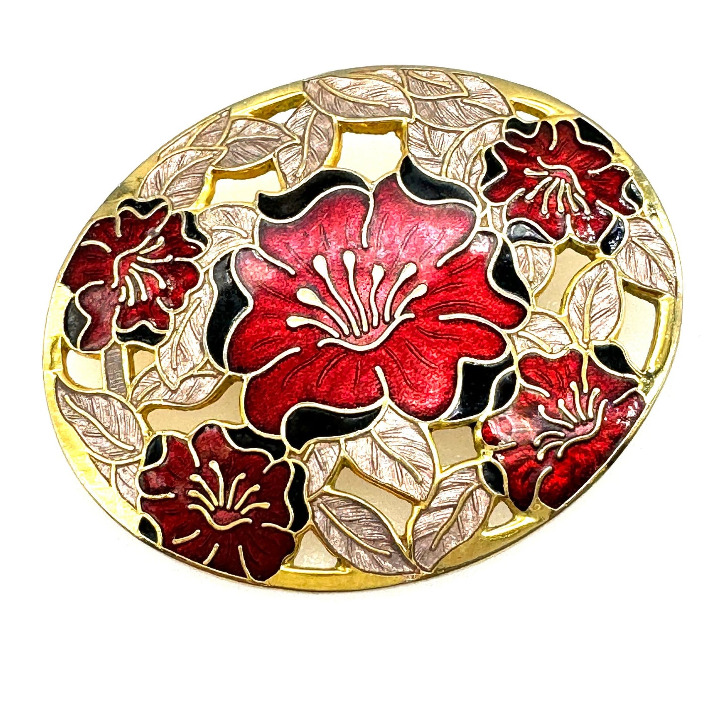 Fish and Crown, Fish Fine Enamels (Fish Enterprises Ltd) Red Floral Cloisonne Brooch