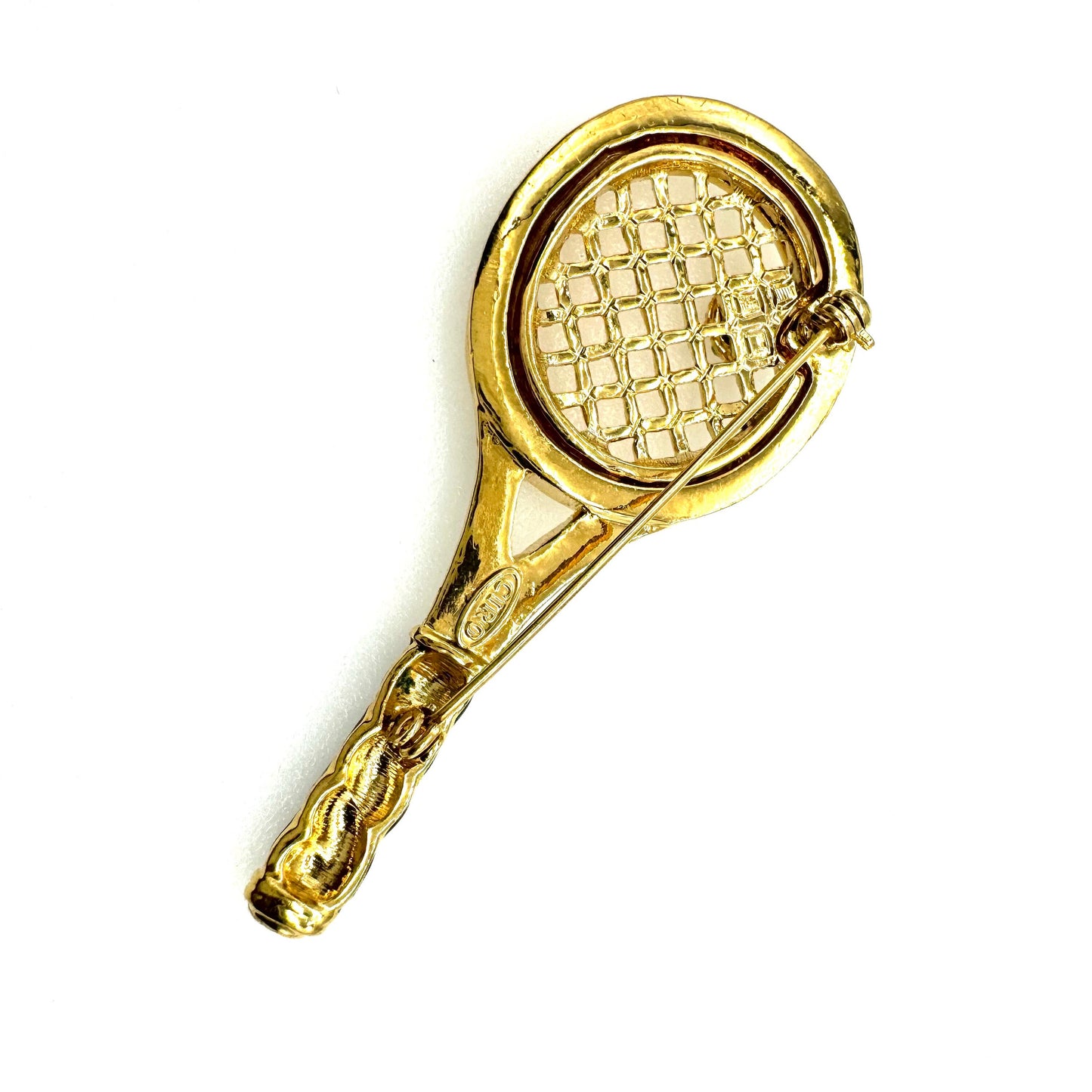 CIRO Gold Plated Tennis Racquet and Tennis Ball Enamel and Rhinestone Brooch