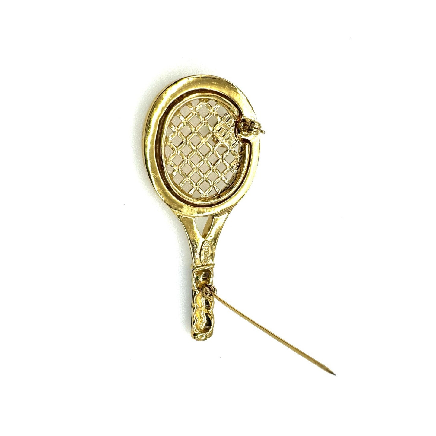 CIRO Gold Plated Tennis Racquet and Tennis Ball Enamel and Rhinestone Brooch