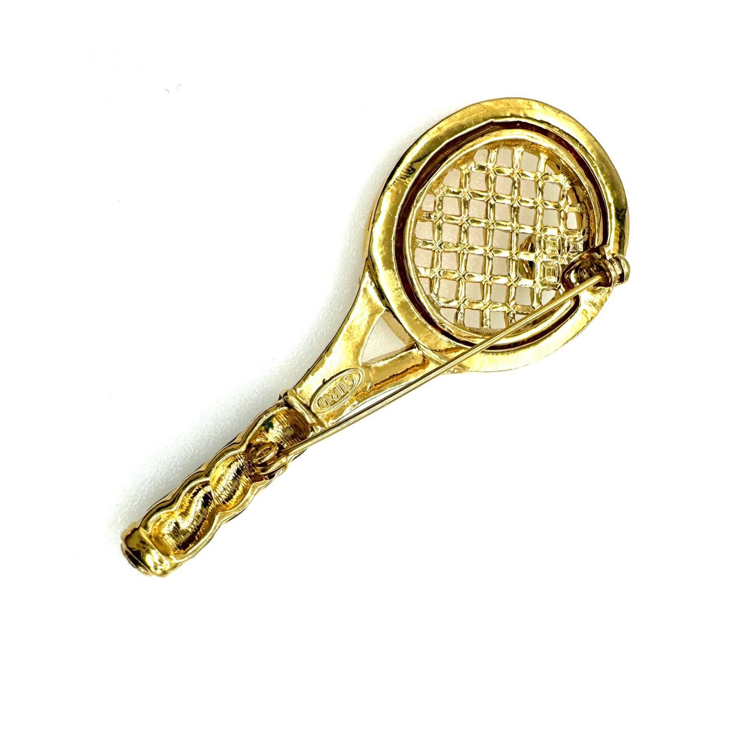 CIRO Gold Plated Tennis Racquet and Tennis Ball Enamel and Rhinestone Brooch