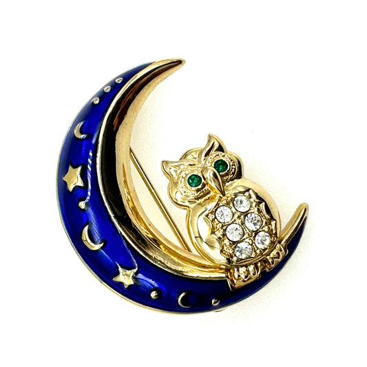 BJ 'Beatrix Jewelry' Rhinestone Owl in Enamel Crescent Moon Brooch