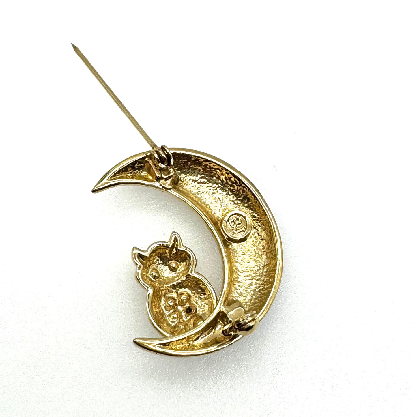 BJ 'Beatrix Jewelry' Rhinestone Owl in Enamel Crescent Moon Brooch