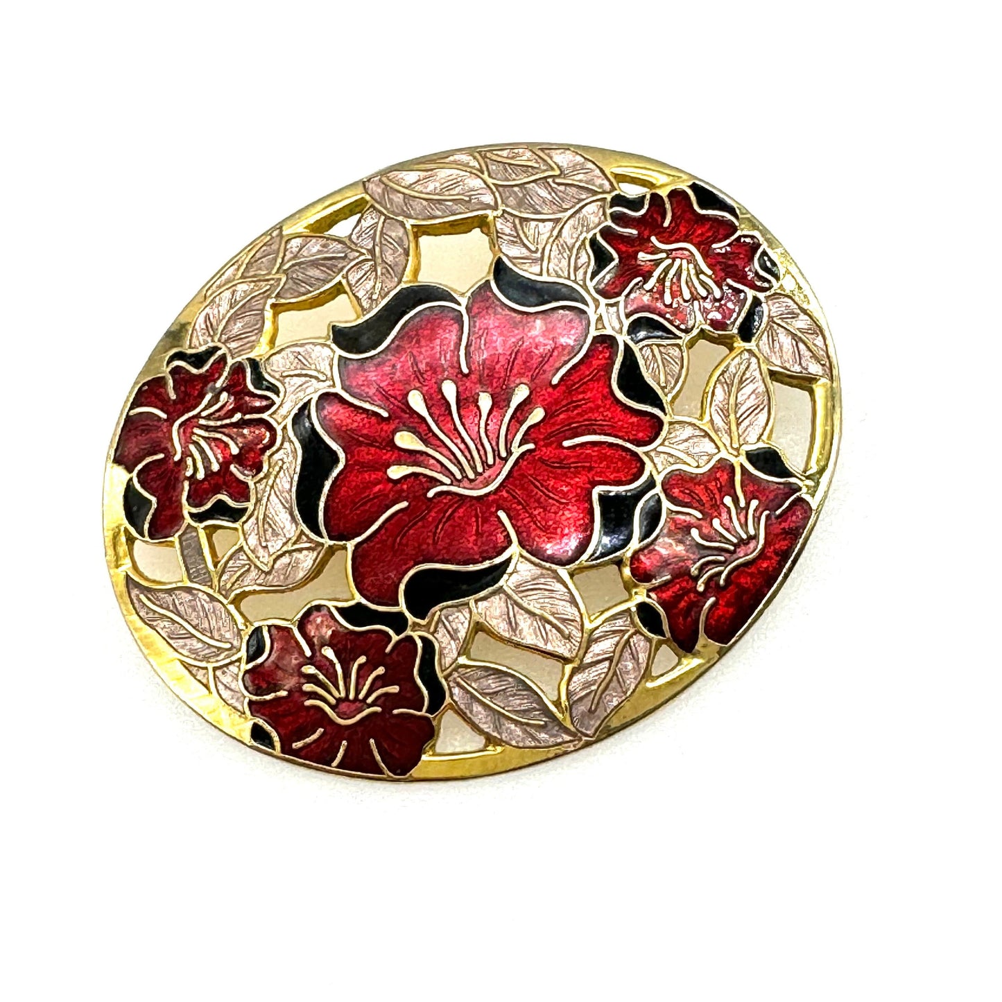 Fish and Crown, Fish Fine Enamels (Fish Enterprises Ltd) Red Floral Cloisonne Brooch