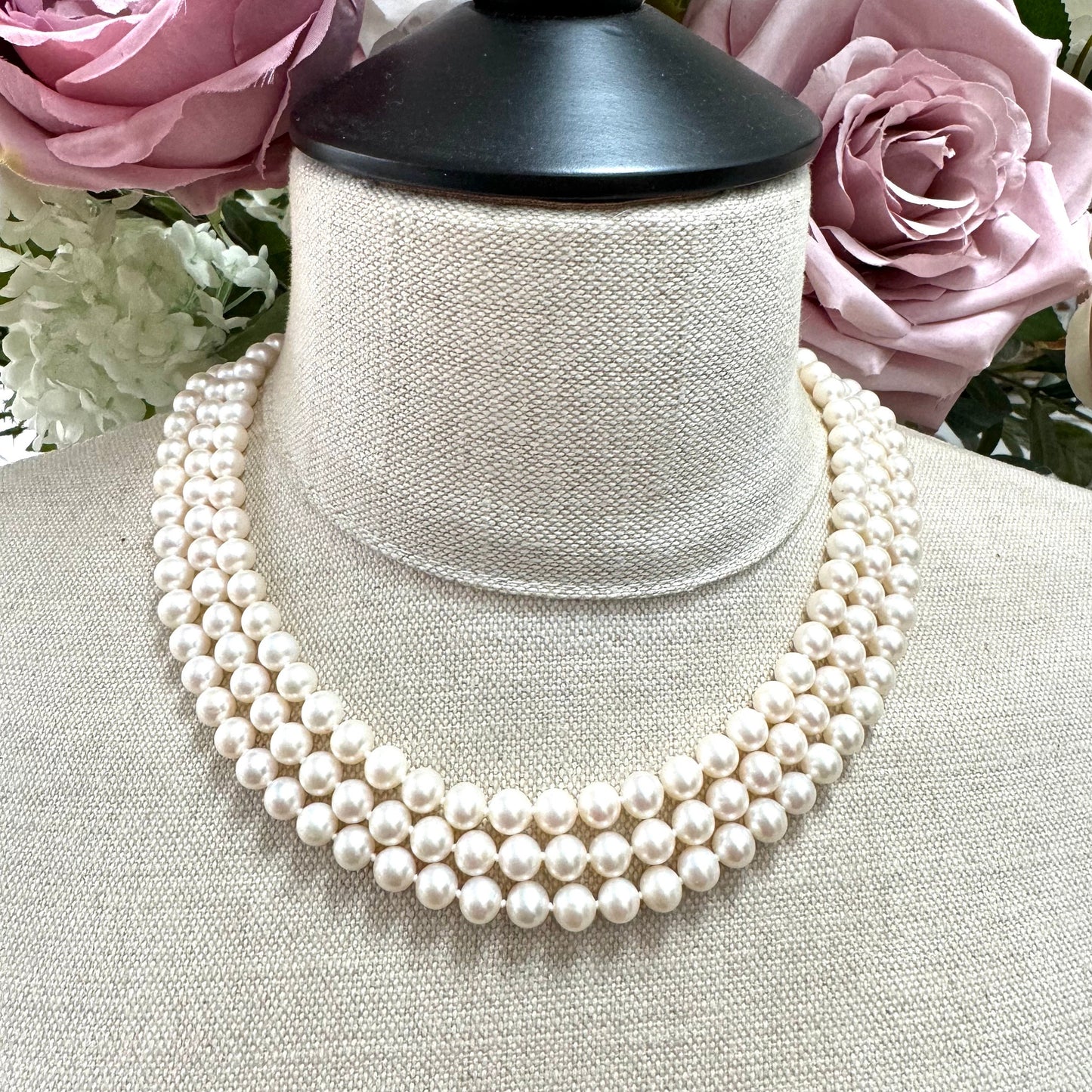 14ct Gold Cultured Freshwater Pearl Three Strand Necklace with decorative 14ct Gold Filigree Clasp with Private Valuation Dated July 2020