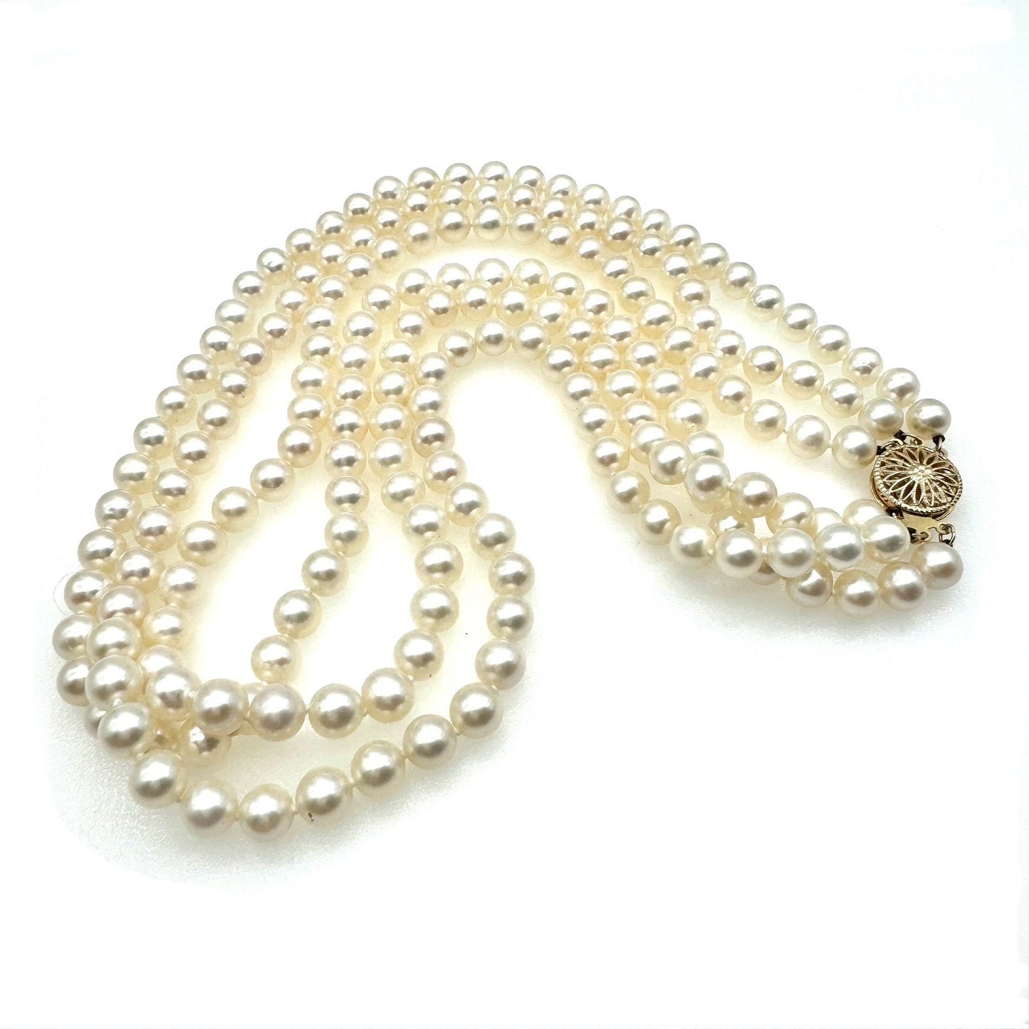 14ct Gold Cultured Freshwater Pearl Three Strand Necklace with decorative 14ct Gold Filigree Clasp with Private Valuation Dated July 2020