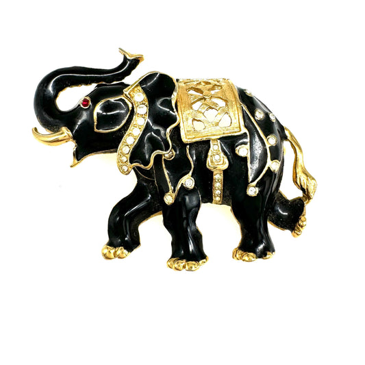 Black Enamel and Rhinestone Elephant Brooch/Pendant