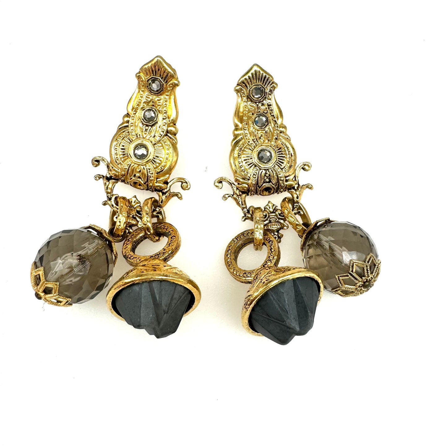 Zoe Coste Reminiscence Paris Smokey Crystal and Opaque Frosted Grey Glass Clip On Earrings