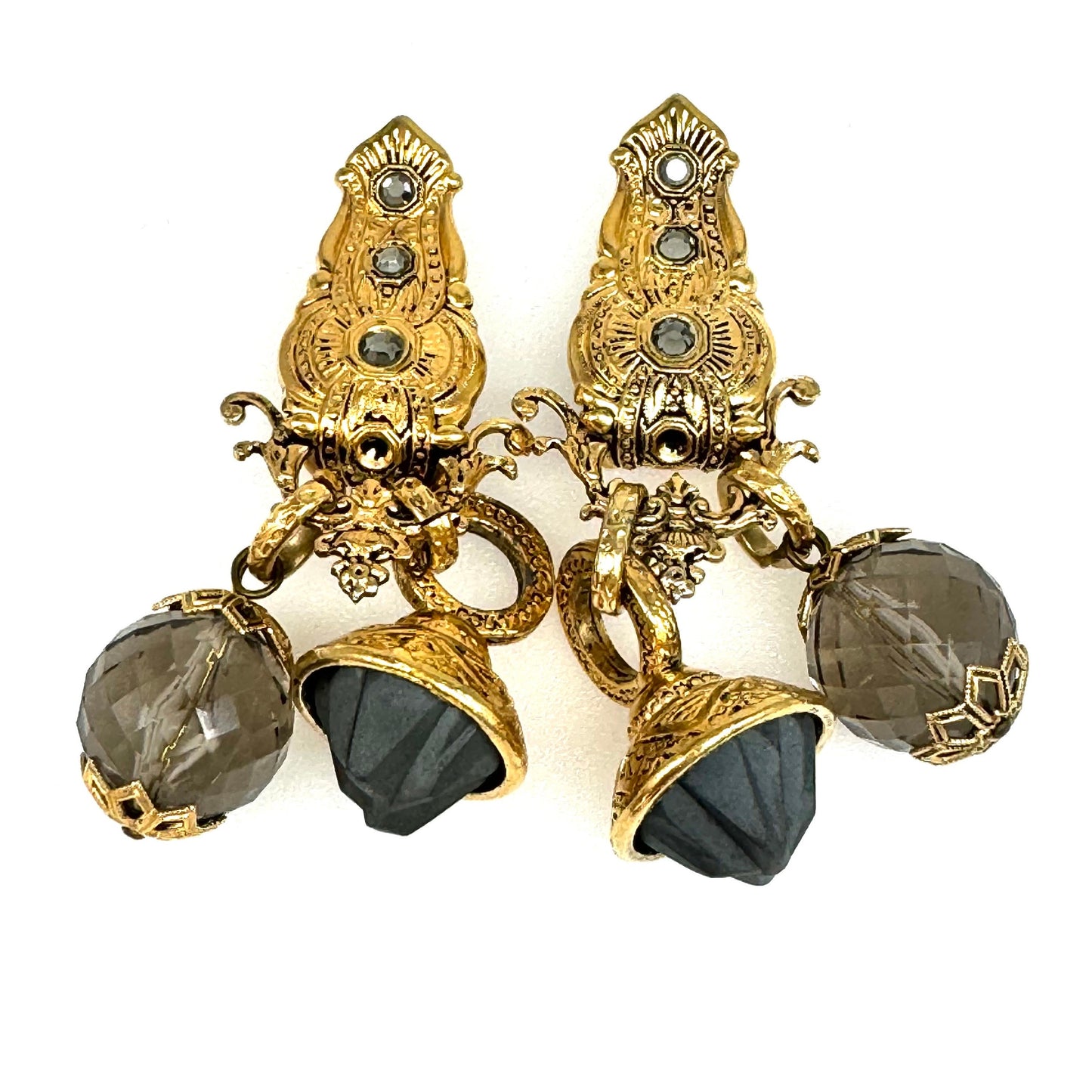 Zoe Coste Reminiscence Paris Smokey Crystal and Opaque Frosted Grey Glass Clip On Earrings