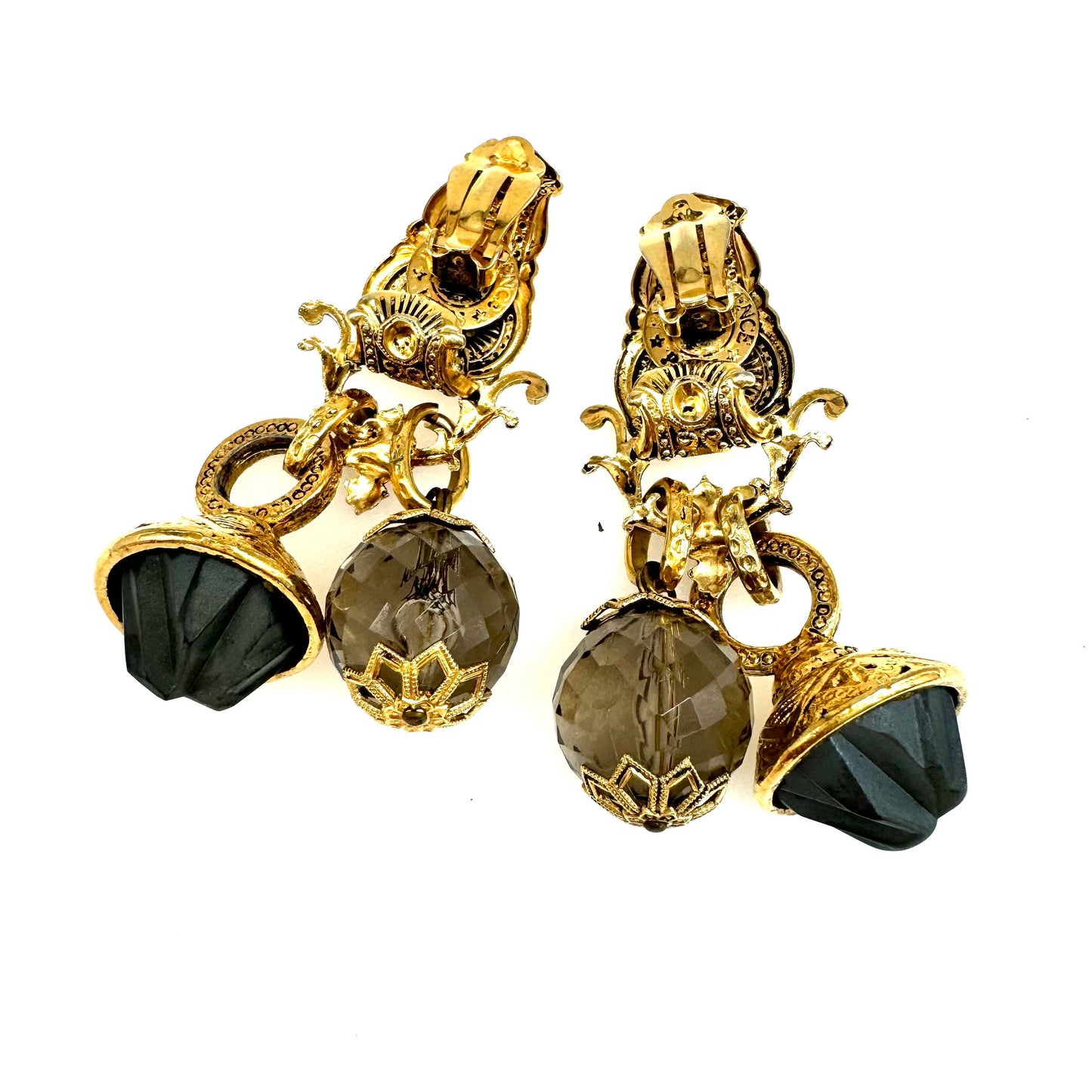 Zoe Coste Reminiscence Paris Smokey Crystal and Opaque Frosted Grey Glass Clip On Earrings