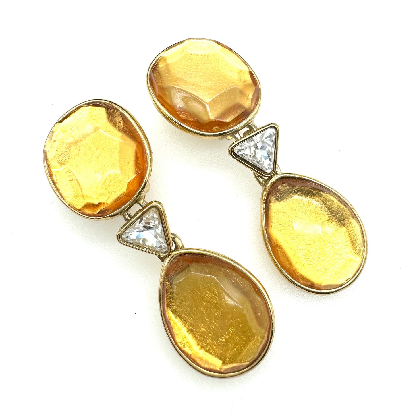 Yves Saint Laurent Made In France Golden Orange Resin and Crystal Drop Clip On Dropper Earrings in YSL Box