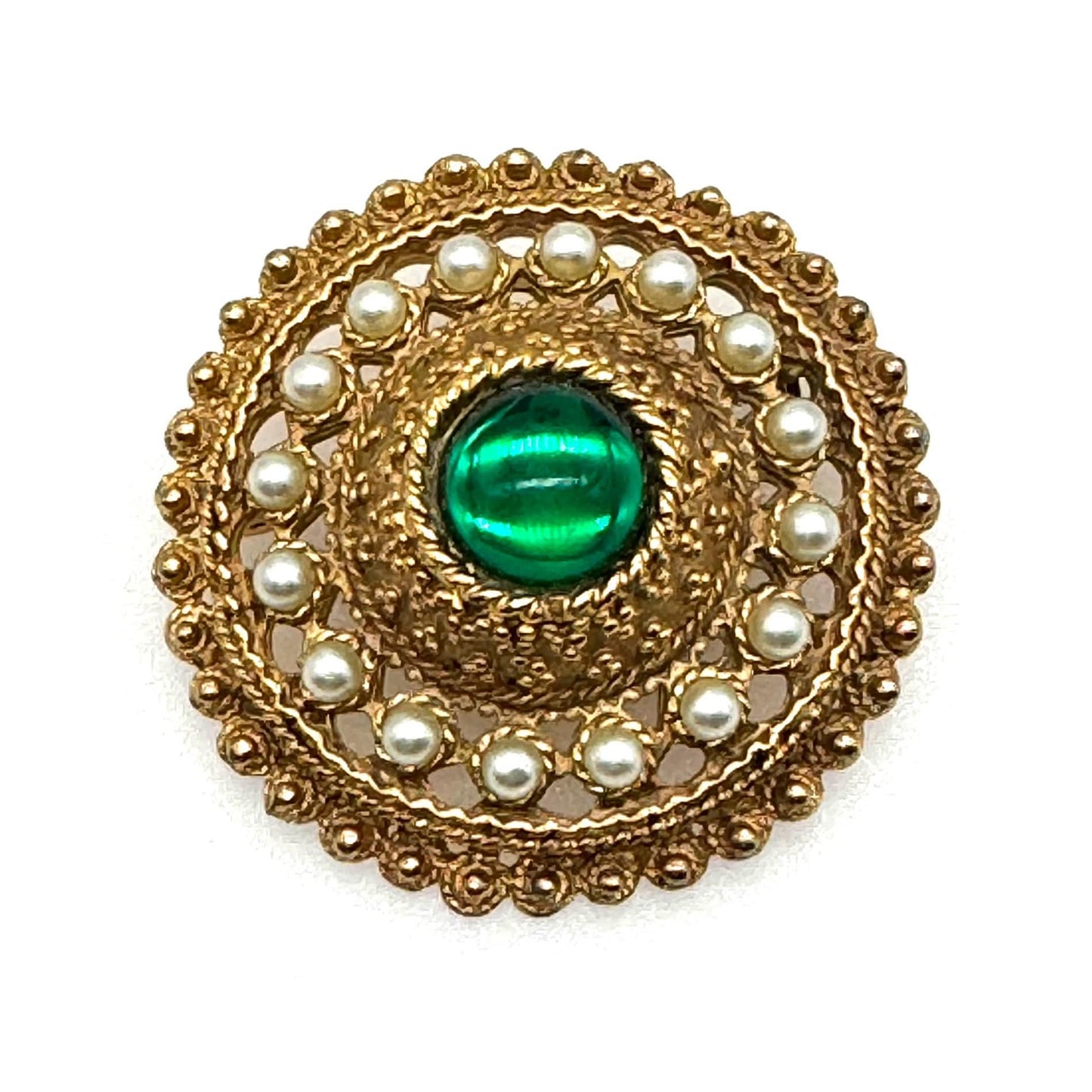 Unsigned Etruscan/Byzantine Inspired Faux Pearl and Green Cabochon Brooch