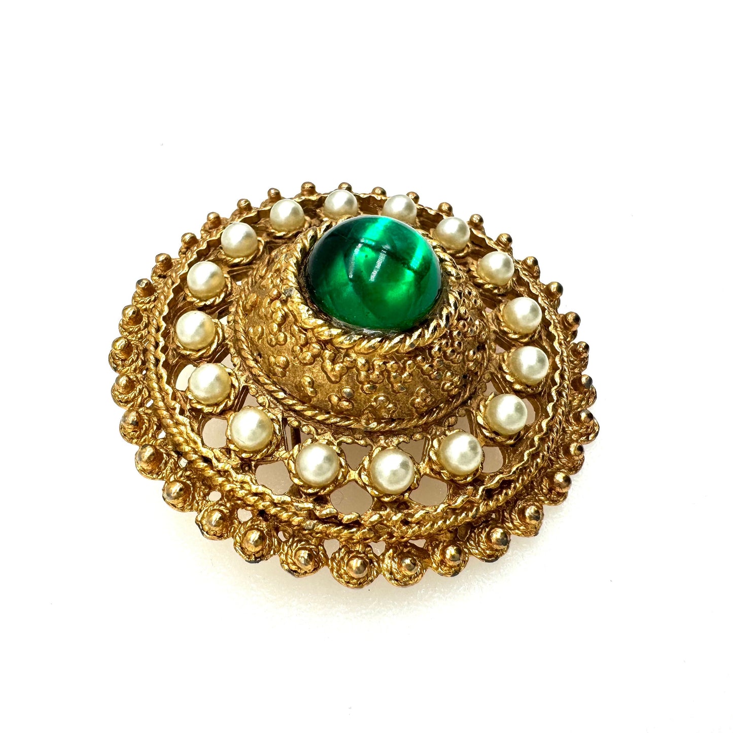 Unsigned Etruscan/Byzantine Inspired Faux Pearl and Green Cabochon Brooch