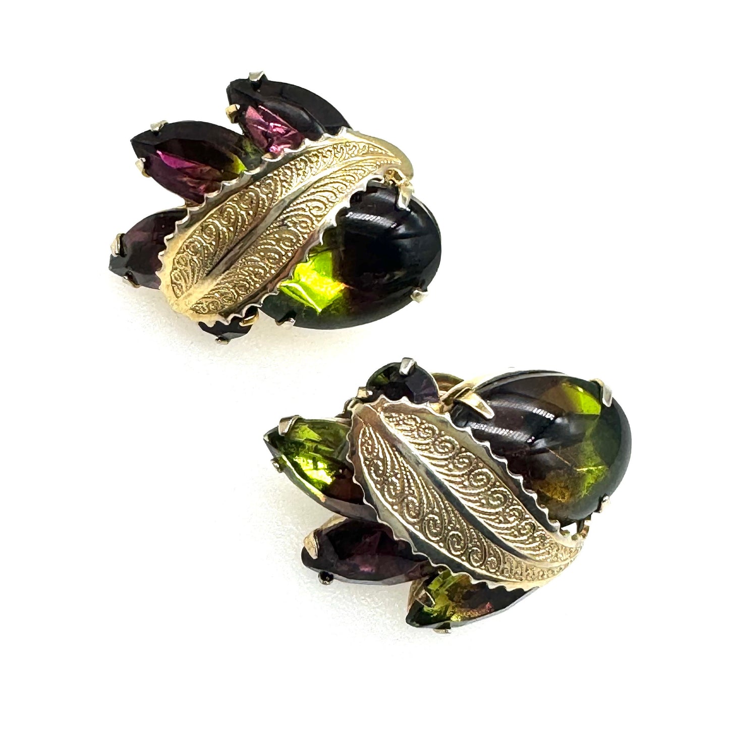 Albert Weiss Watermelon Glass and Leaf Clip On Earrings