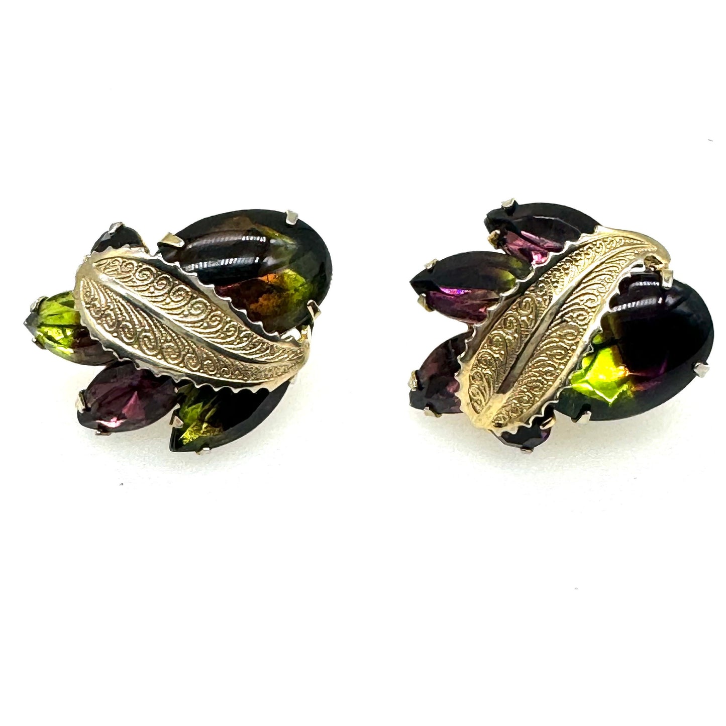 Albert Weiss Watermelon Glass and Leaf Clip On Earrings