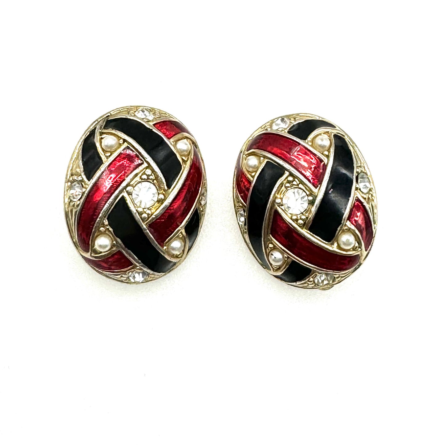 Oval Enamel Faux Seed Pearl and Rhinestone Clip On Earrings