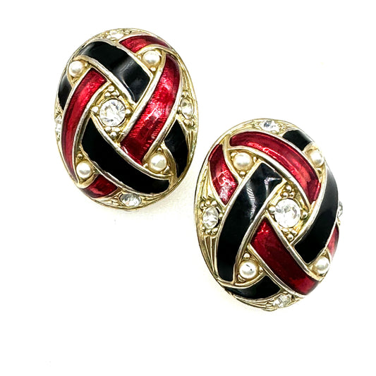 Oval Enamel Faux Seed Pearl and Rhinestone Clip On Earrings