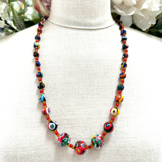 Graduated Venetian Millefiori Bead Wire Strung Necklace