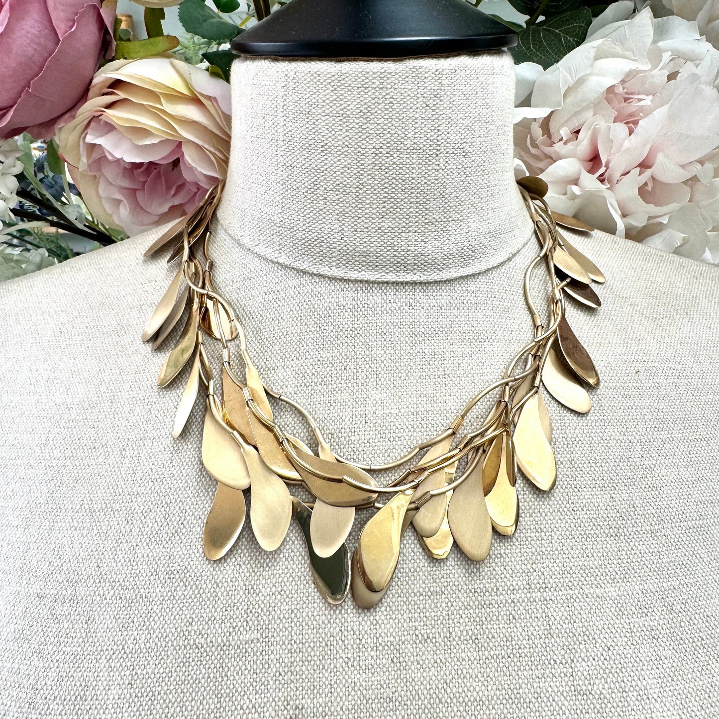 Monet Three Strand Stylised Leaf Cluster Necklace