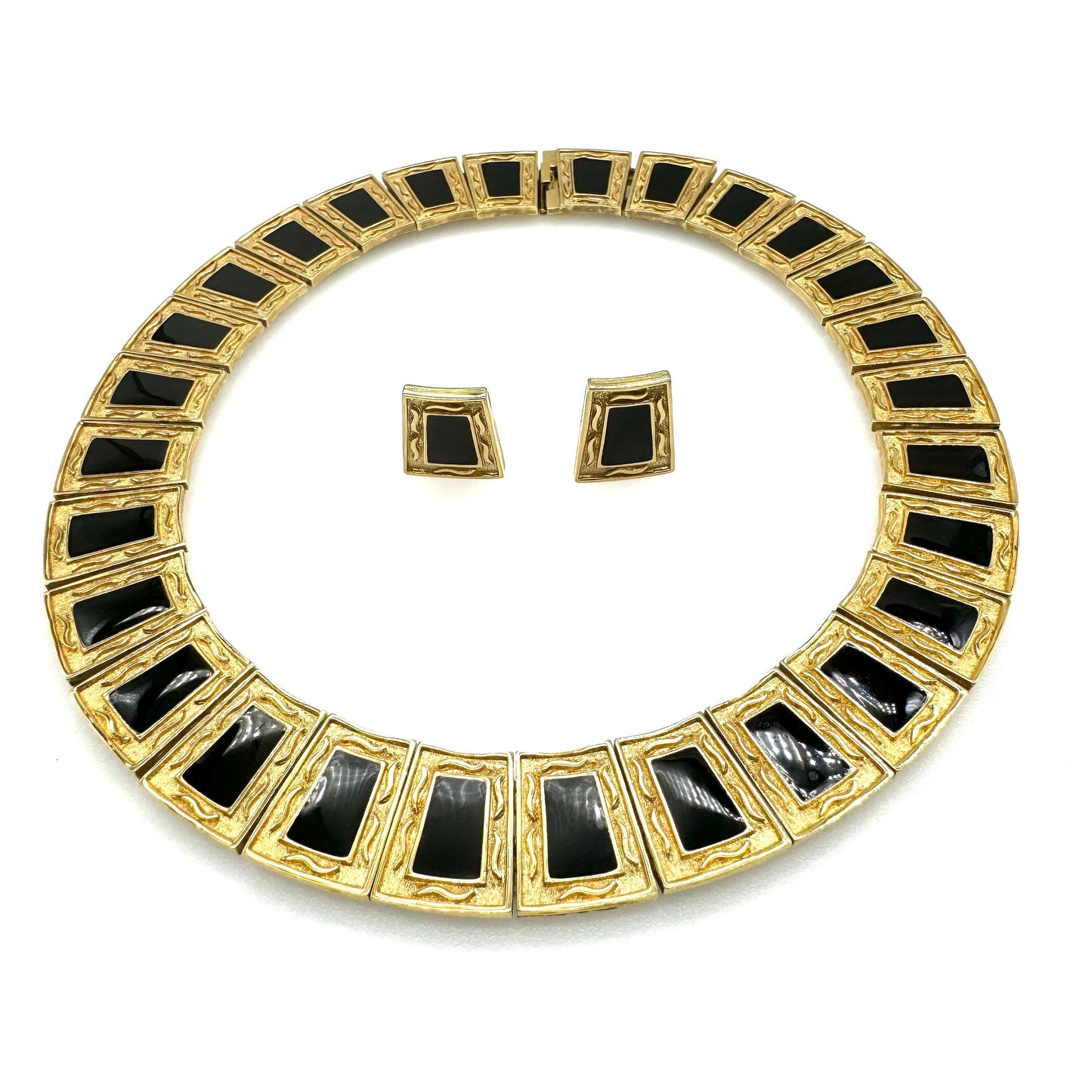 Unsigned Enamel Collar Necklace and Matching Enamel Clip On Earrings