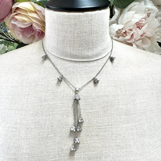 Monet Rhinestone Faux Pearl and Marcasite Bell Flower Multi Dropper Necklace with Extender