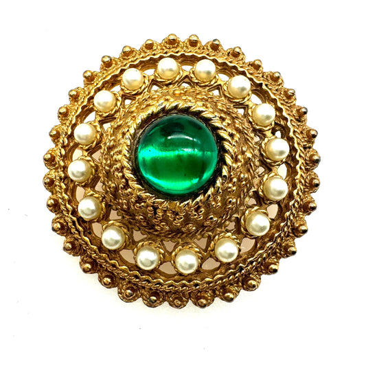 Unsigned Etruscan/Byzantine Inspired Faux Pearl and Green Cabochon Brooch