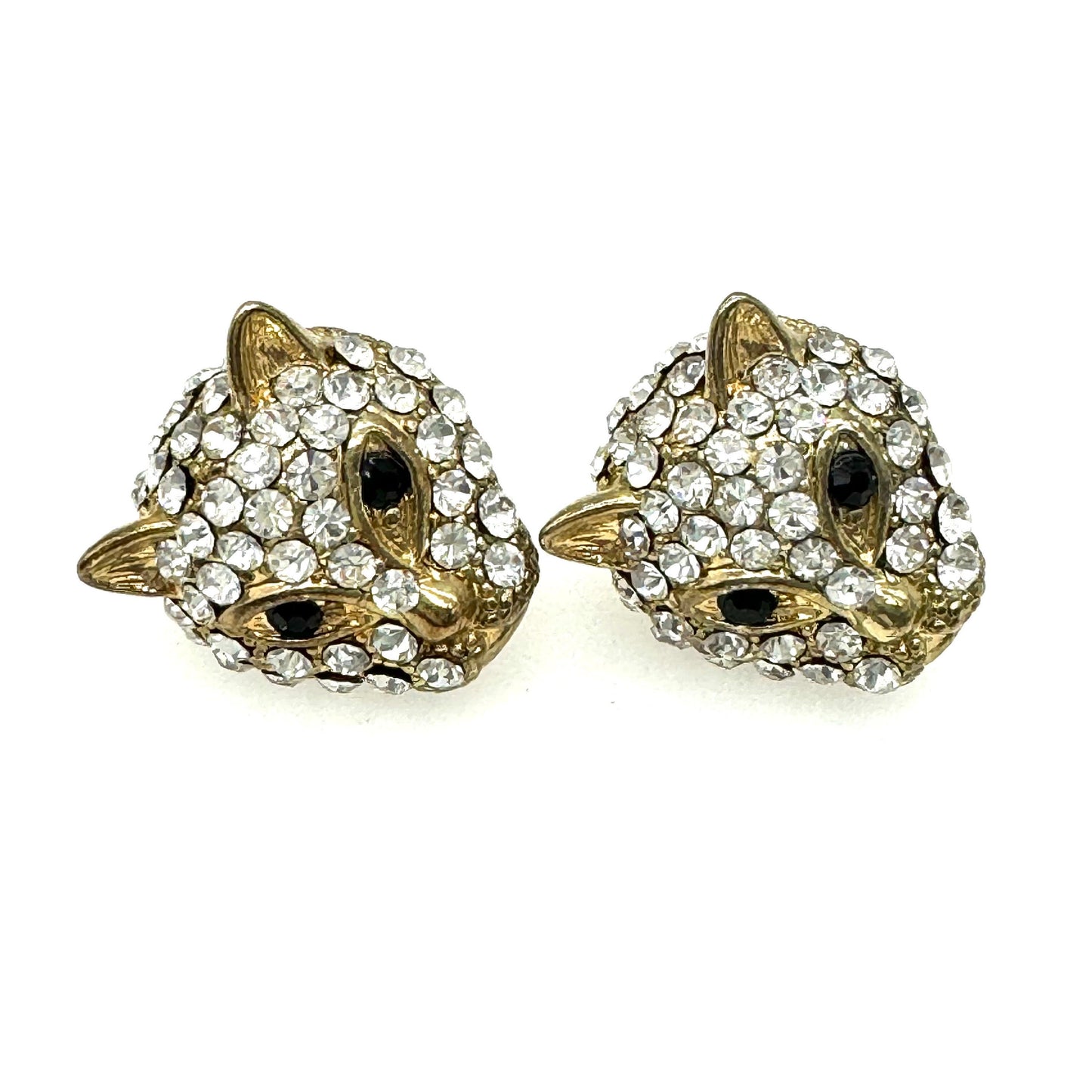 Big Cat / Leopard Head Pierced Rhinestone Earrings with Brand New 925 Silver Backs