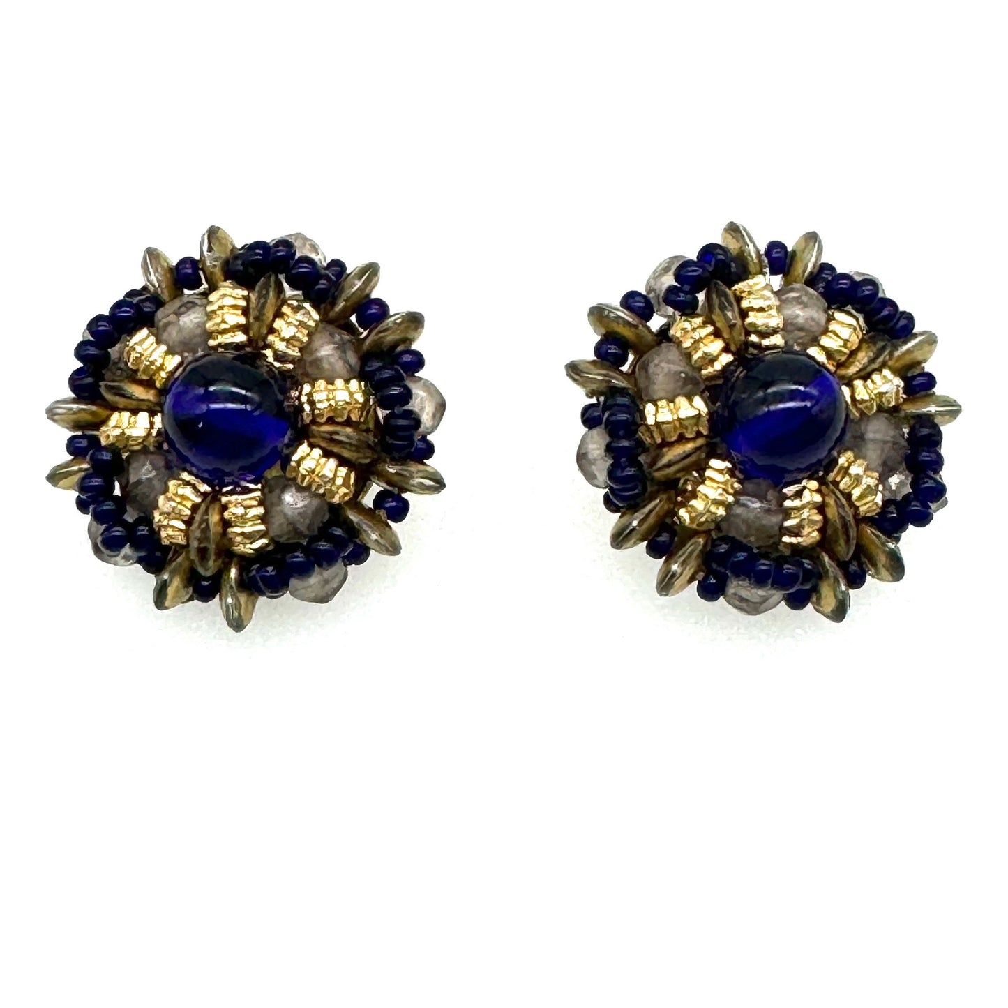 Unsigned Blue Glass Cabochon Beaded Clip On Earrings