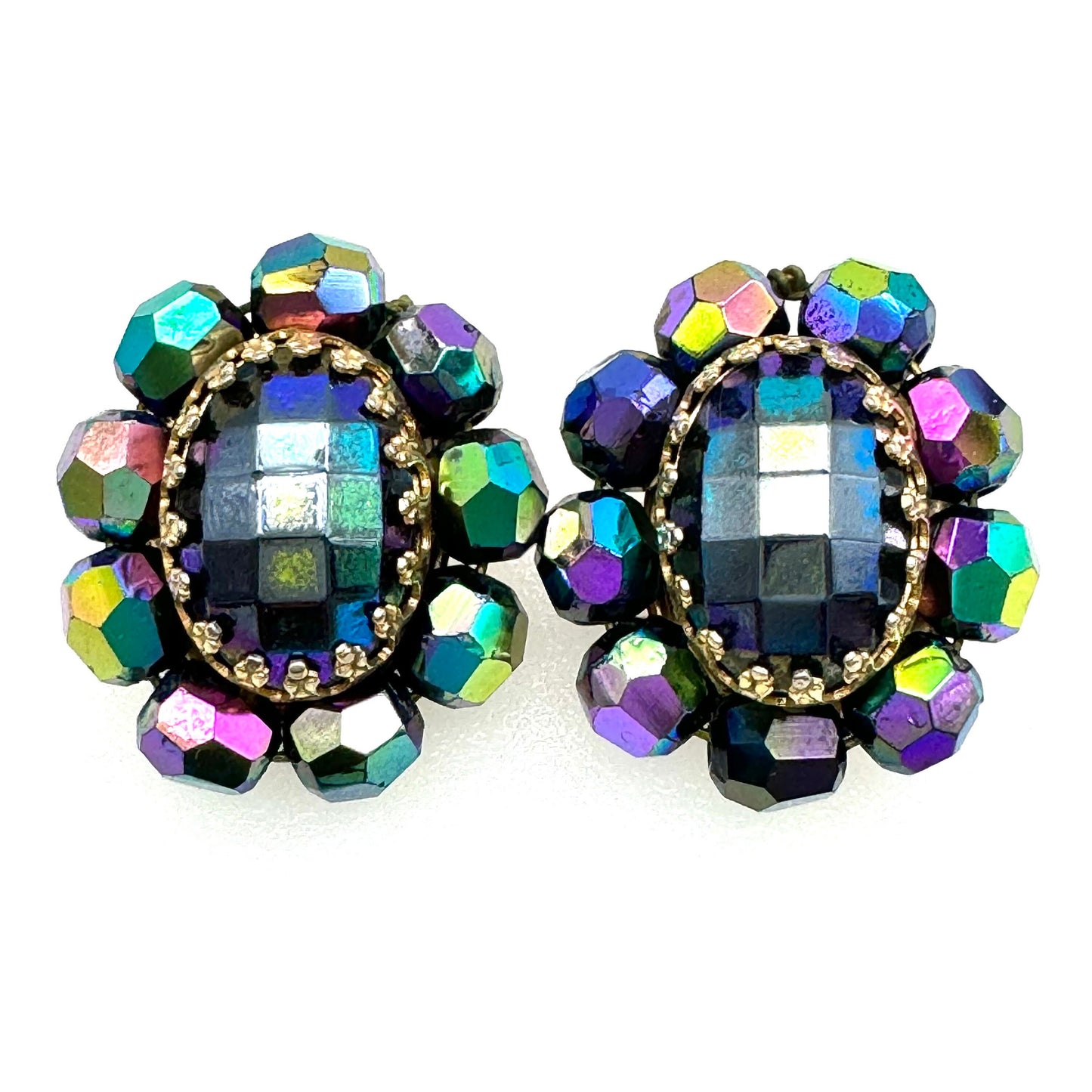 Unsigned Midnight Faceted Bead and Iridescent Coating Clip On Earrings