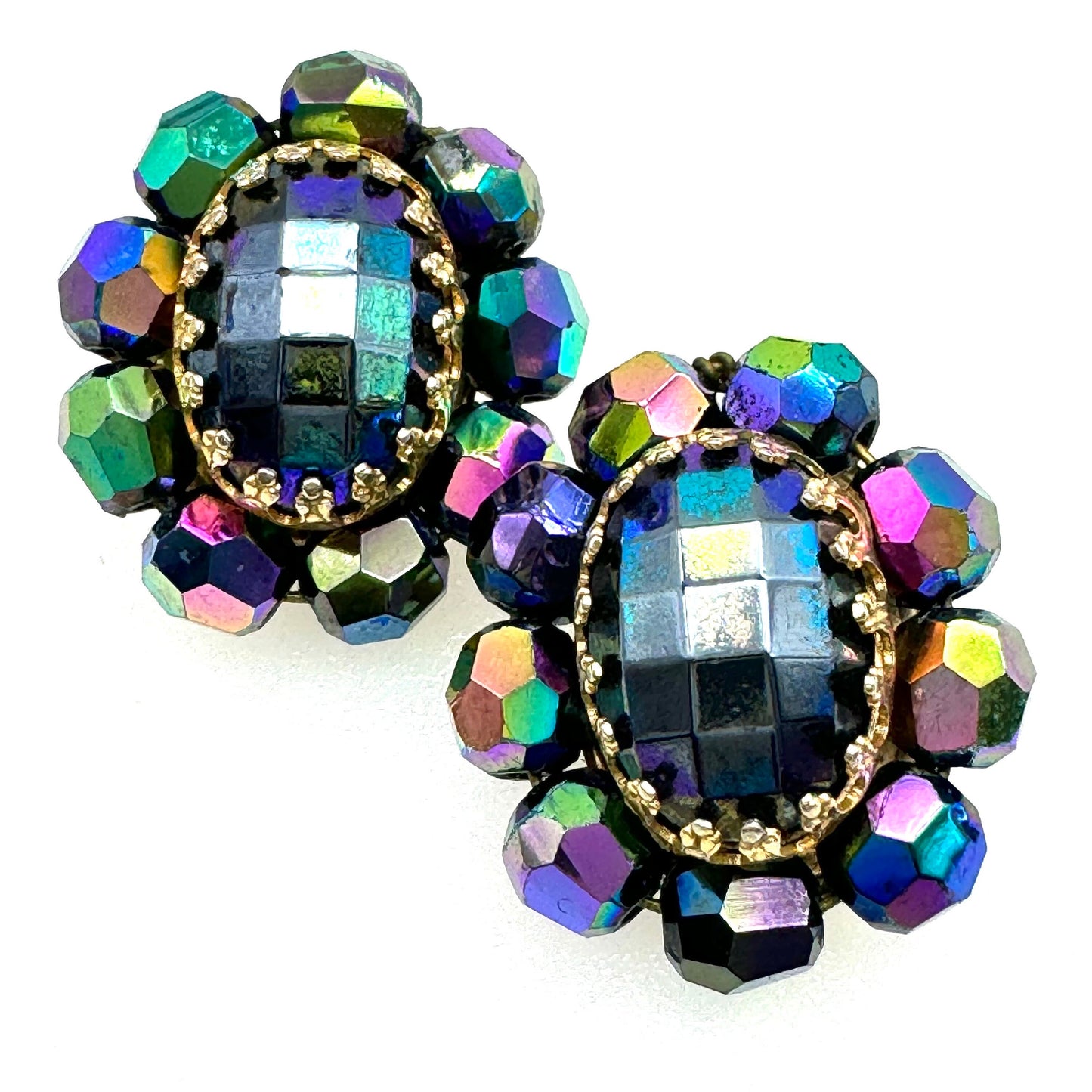 Unsigned Midnight Faceted Bead and Iridescent Coating Clip On Earrings