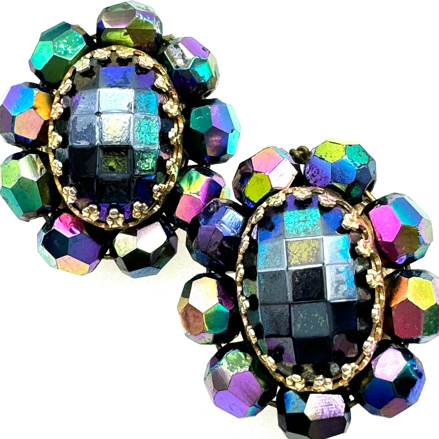 Unsigned Midnight Faceted Bead and Iridescent Coating Clip On Earrings