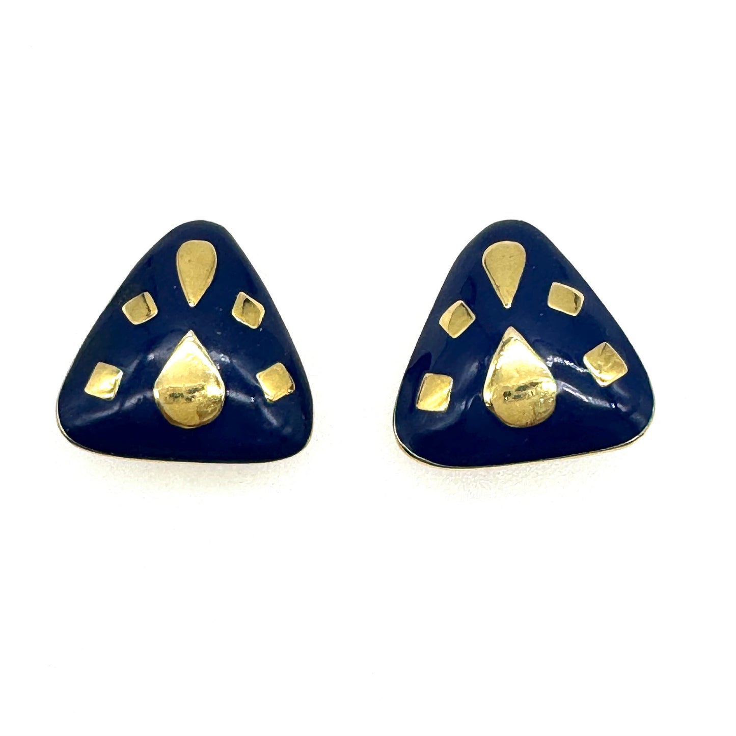 Unsigned Triangular Navy Blue Enamel Clip On Earrings