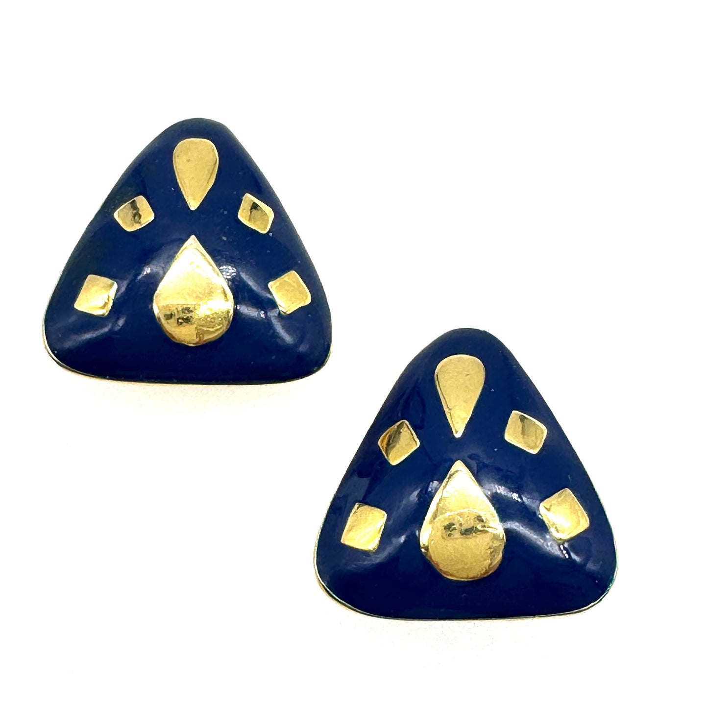 Unsigned Triangular Navy Blue Enamel Clip On Earrings