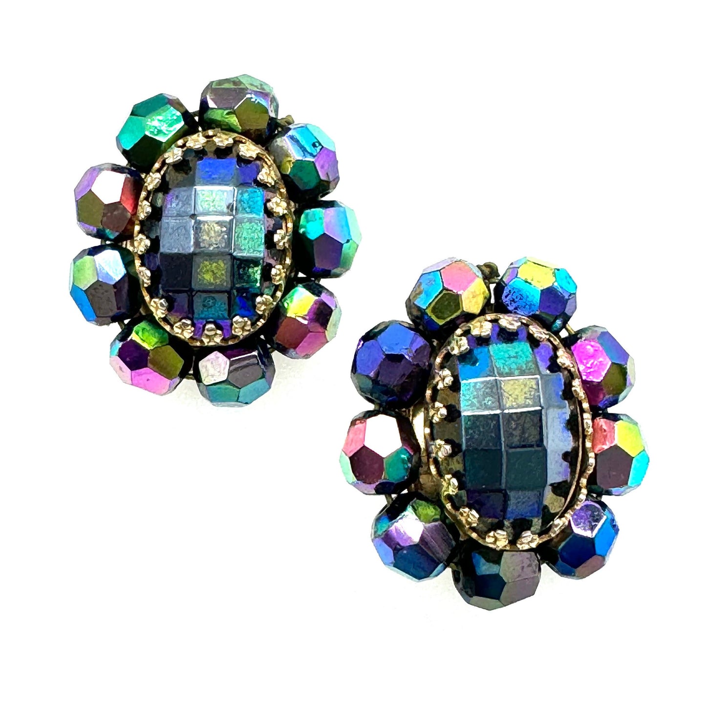 Unsigned Midnight Faceted Bead and Iridescent Coating Clip On Earrings